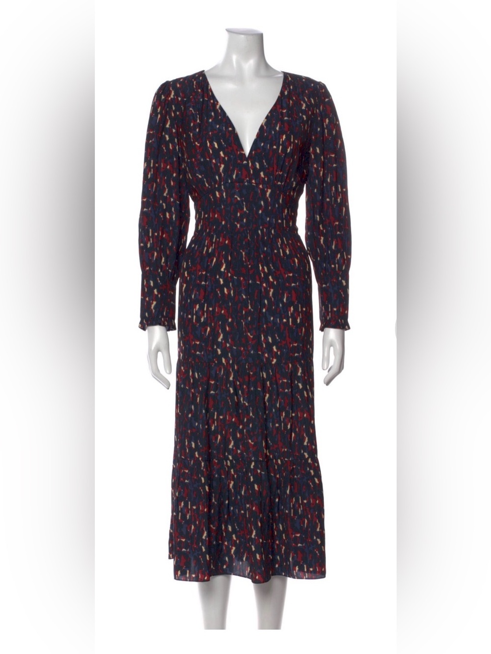 ba&sh Navy Printed Long-Sleeve Maxi Dress with Red and Cream Accents